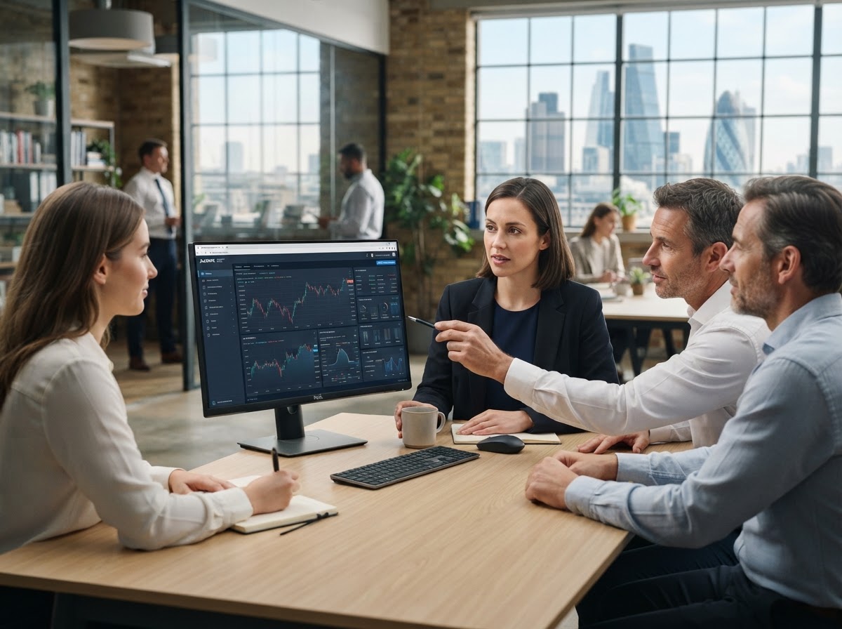 Marex Financial Group team reviewing market data analysis on screen